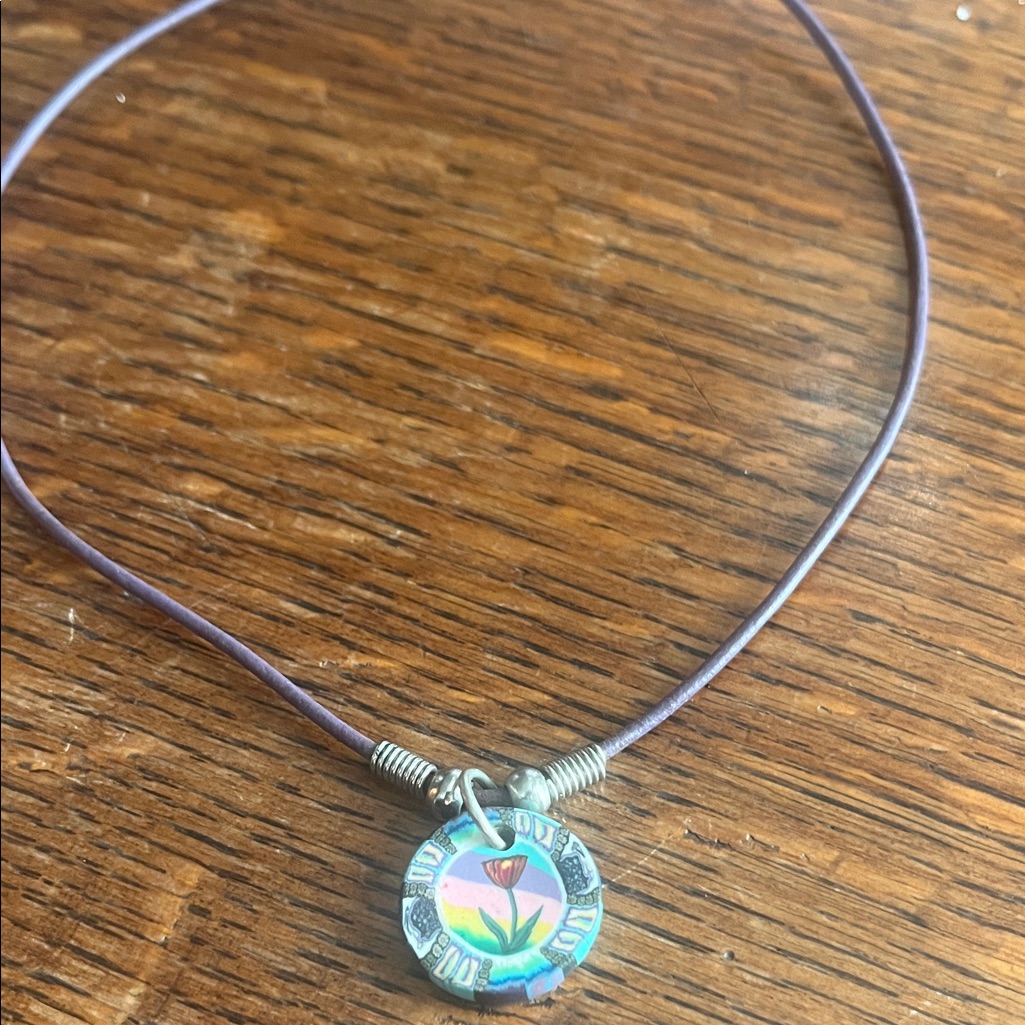 Purple Cord Necklace With Rainbow Flower Medal Pendant 9$
